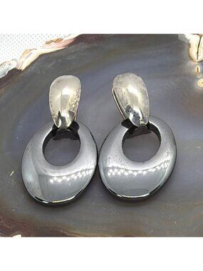 Vintage 90s Hematite Door Knocker Grey Hoop Earrings Silver Tone Interchangeable
